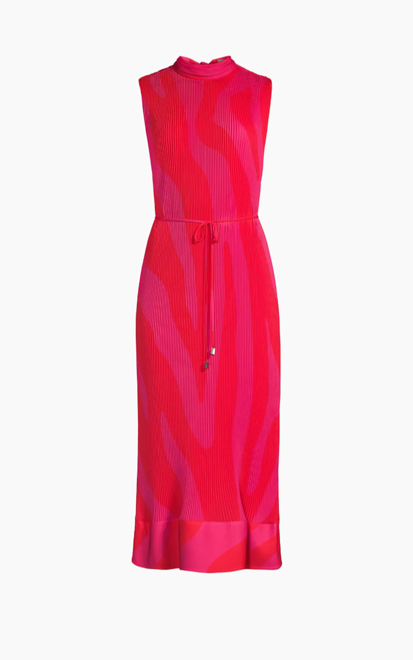 Milly Melina Midi Dress Women's 0 Pink Pleated Zebra Print Sleeveless B96
